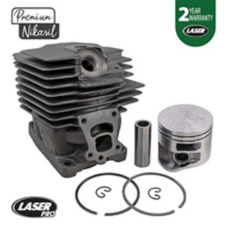 Laser Pro 47mm cylinder kit for Stihl MS362 (replaces 1140 020 1205) – front view  MS362 Laser Pro cylinder ports and Nikasil liner – closeup  Stihl MS362 piston, rings, pin, clips – included in kit  MS362 cylinder base and gasket surfaces – Laser Pro
